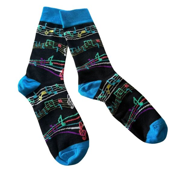Abstract Music Notes Crew Socks For Adults Black Colorful Design Musician Singer - Picture 4 of 5
